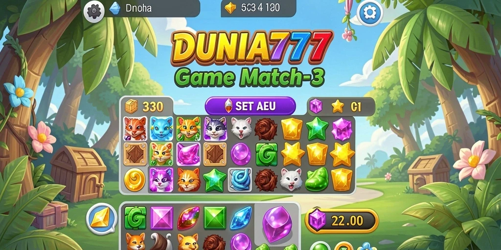 Screenshot utama DUNIA777 menampilkan aksi menyenangkan dalam permainan Match-3.